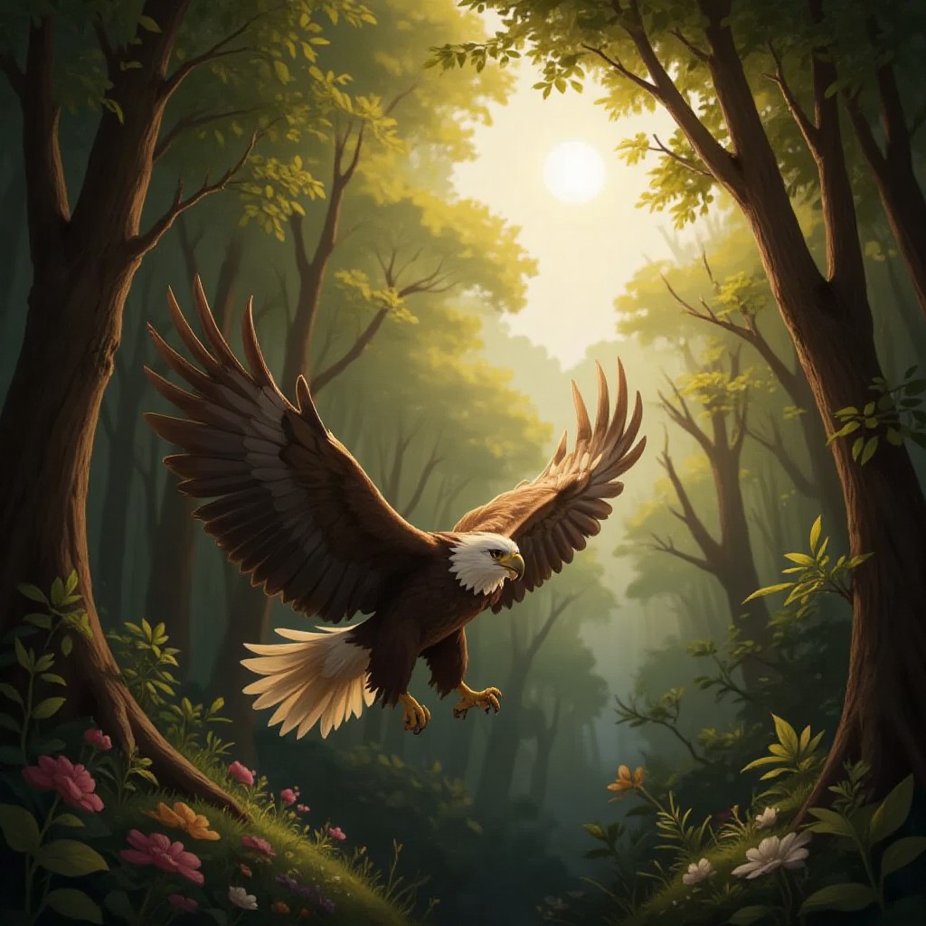 Mr. Eagle soaring majestically above the forest canopy with sunlight filtering through the trees
