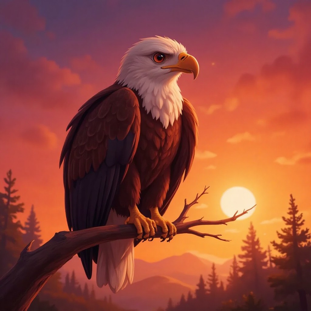 Mr. Eagle perched on a branch against a sunset sky with orange and purple hues