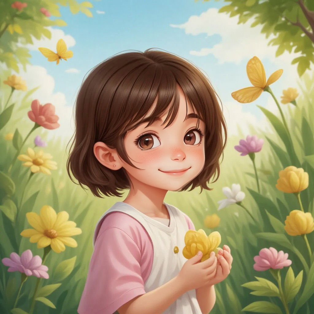 Ella smiling and singing, standing in a colorful garden with butterflies and flowers