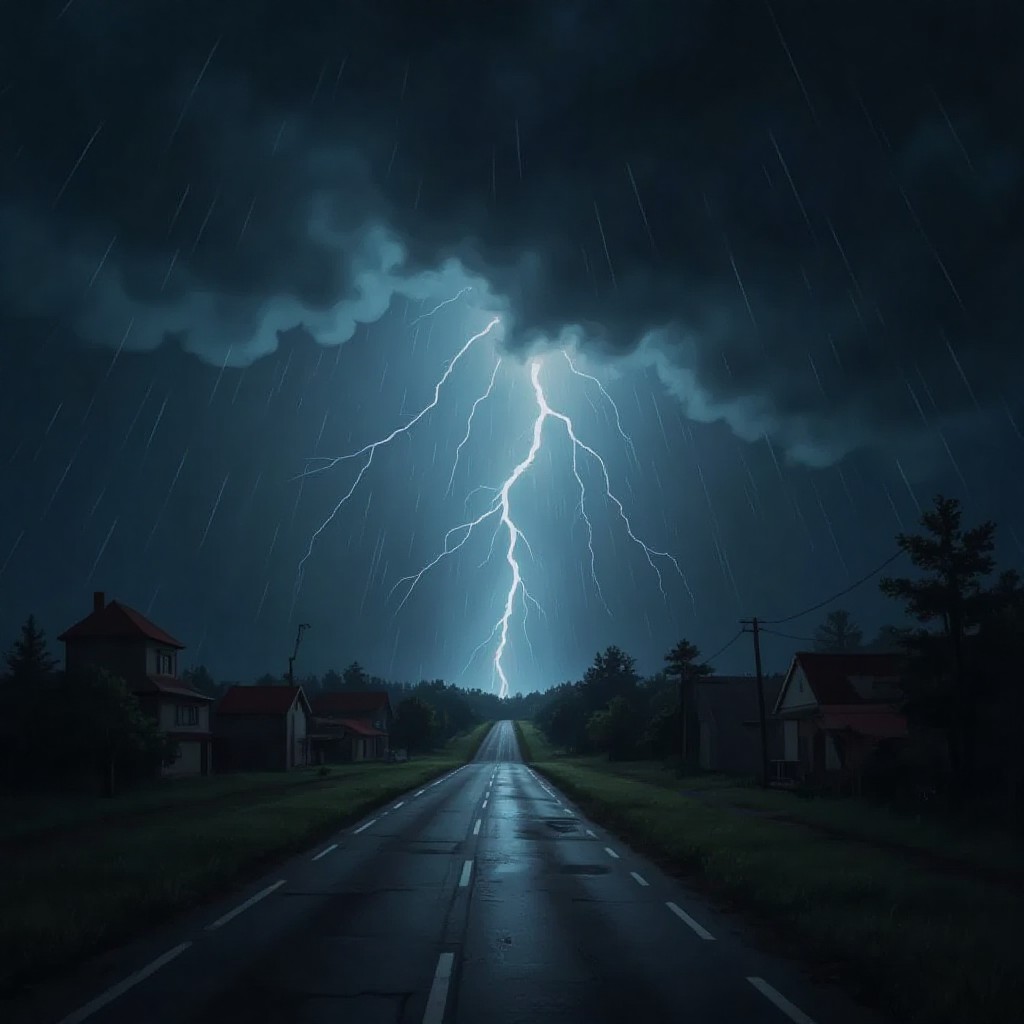 A dark, stormy scene with rain and lightning in the background