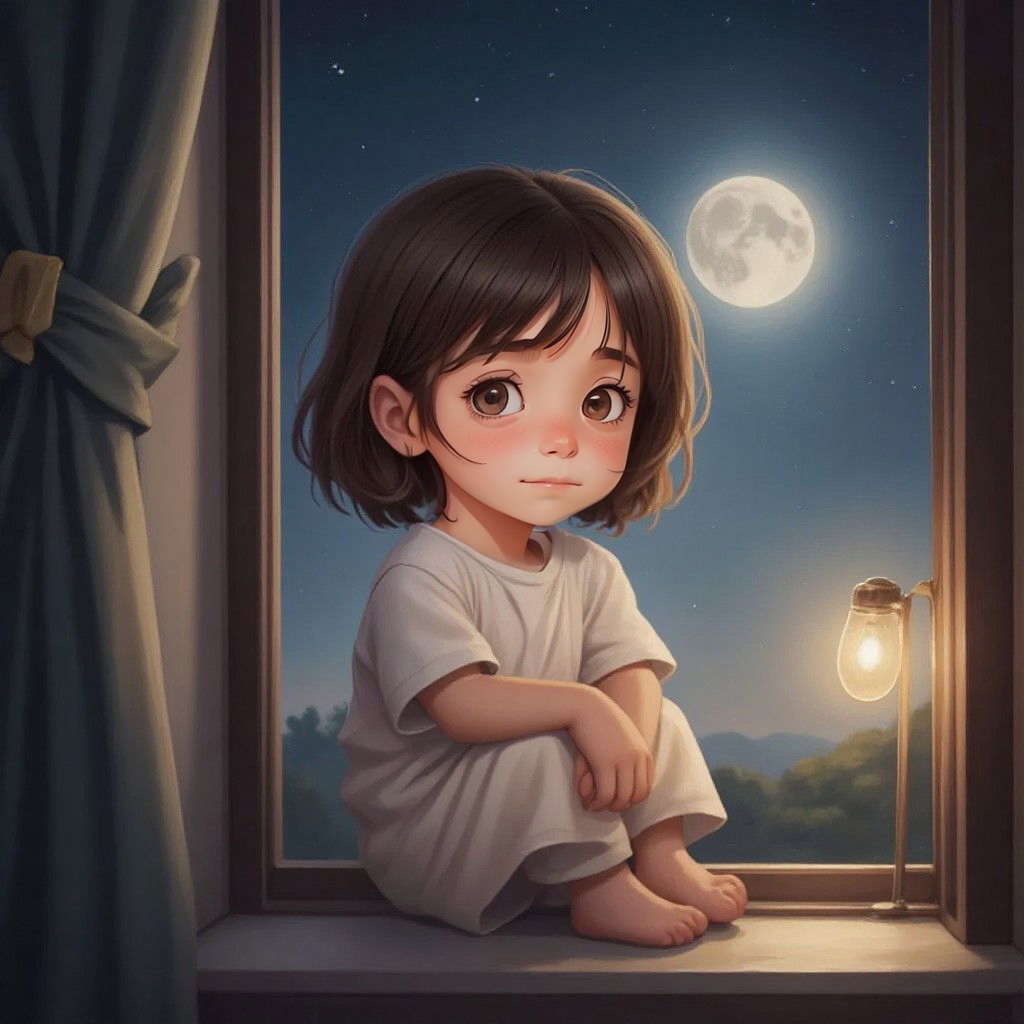 Ella looking wistful, sitting on a windowsill at night with the moon visible
