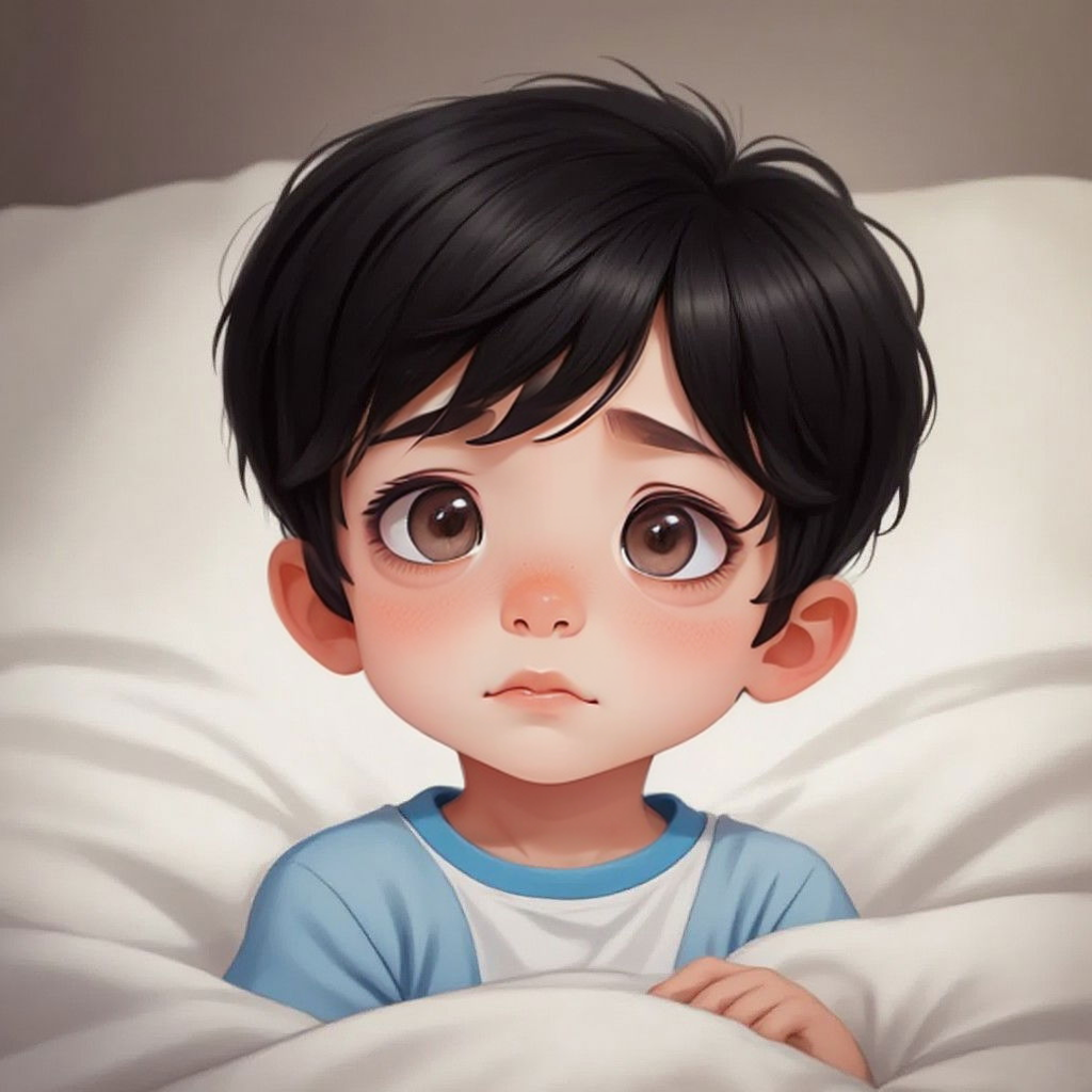 Jake curled up in bed, singing quietly with a sad expression