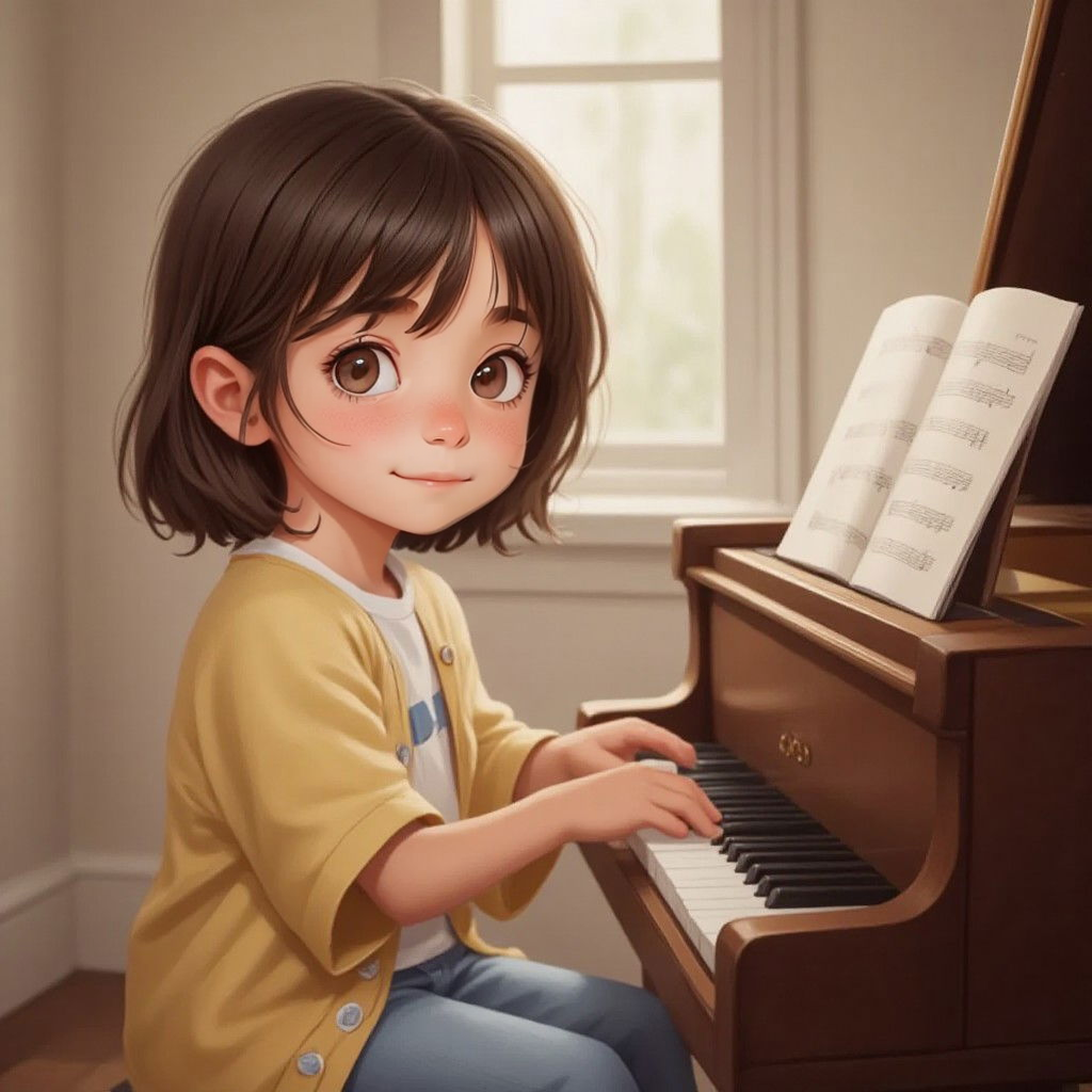 Ella playing a grand piano with sheet music visible