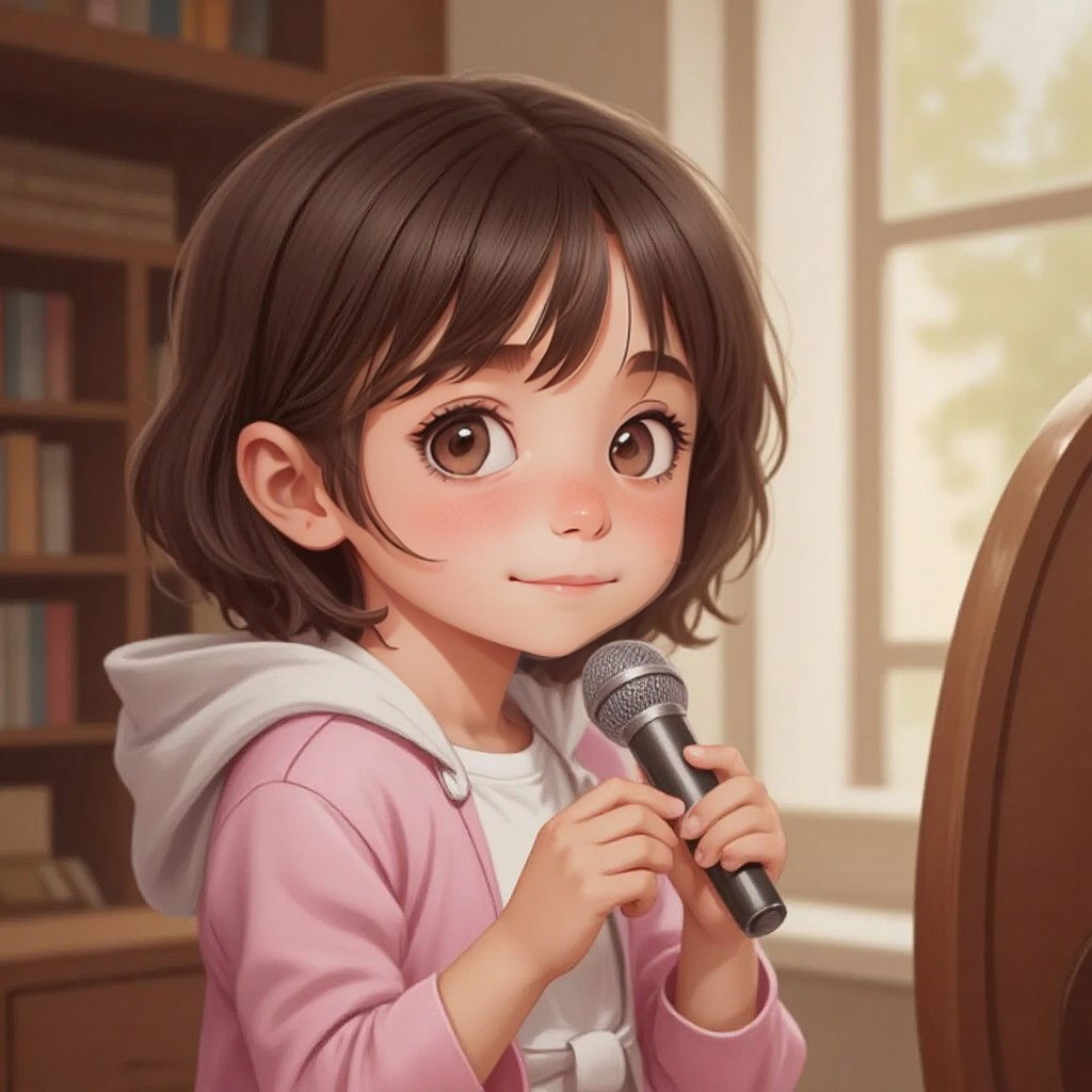 Ella practicing singing in front of a mirror with determination on her face