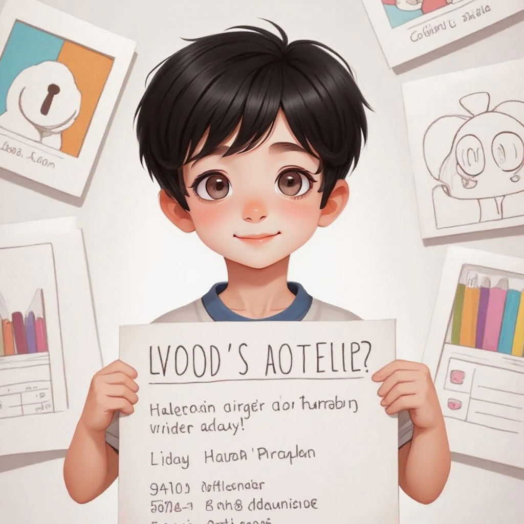 Jake holding a contest poster, surrounded by his drawings