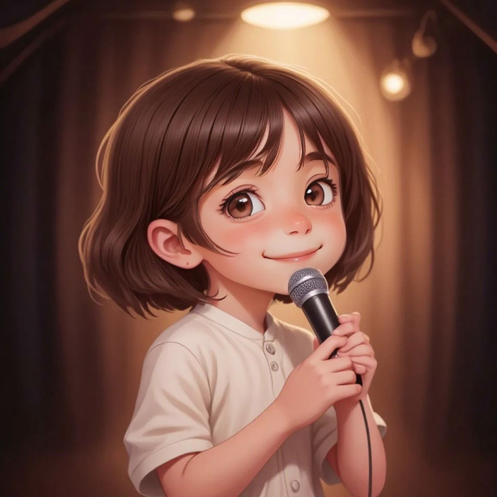Ella on stage under a spotlight, singing with emotion