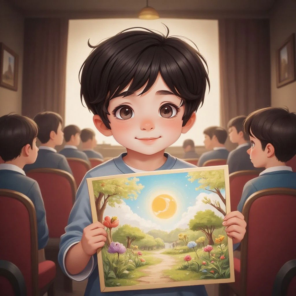 Jake in the audience holding up a beautiful drawing of a magical garden