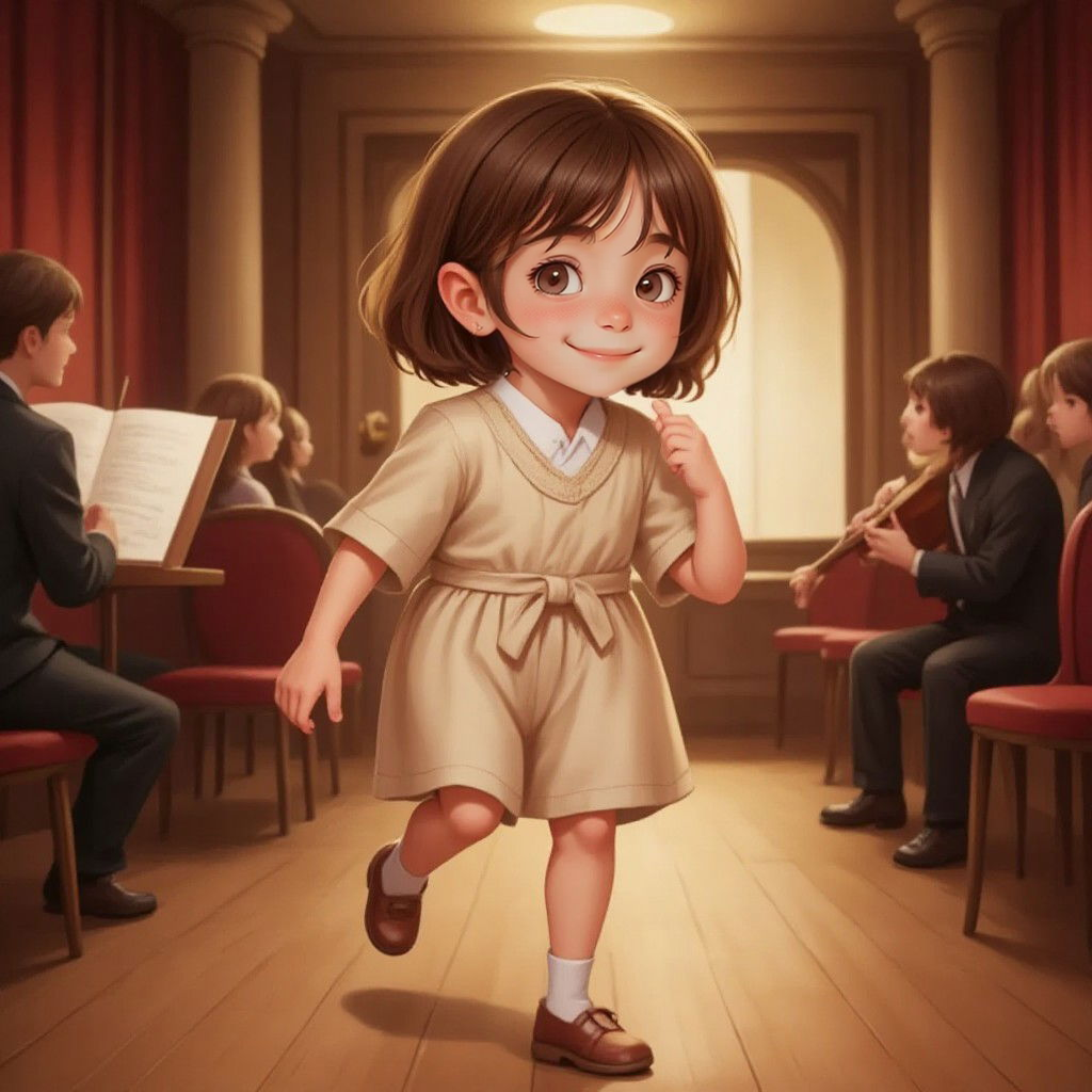 Ella running through a concert hall with joy on her face