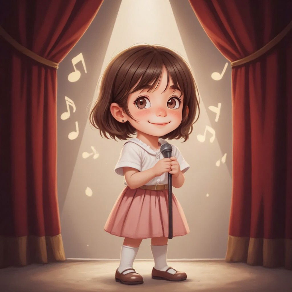 Ella singing on a stage with musical notes floating around her