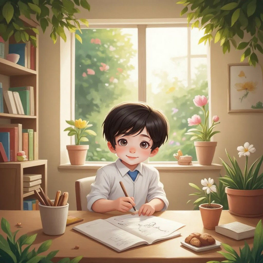 Jake drawing in a sunlit room filled with artwork of magical gardens