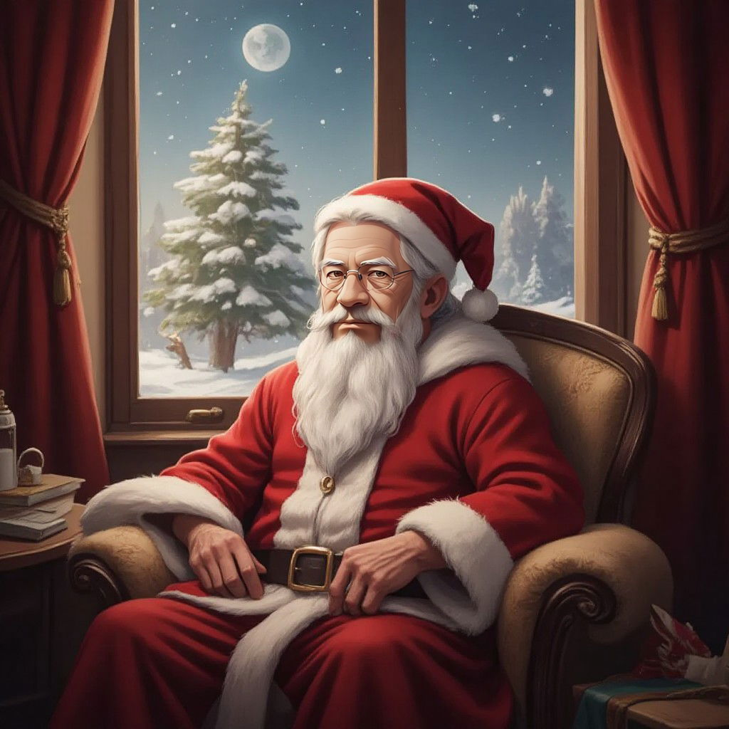 Santa Claus looking tired and resting in a cozy chair with a blanket, a snowy North Pole scene visible through the window