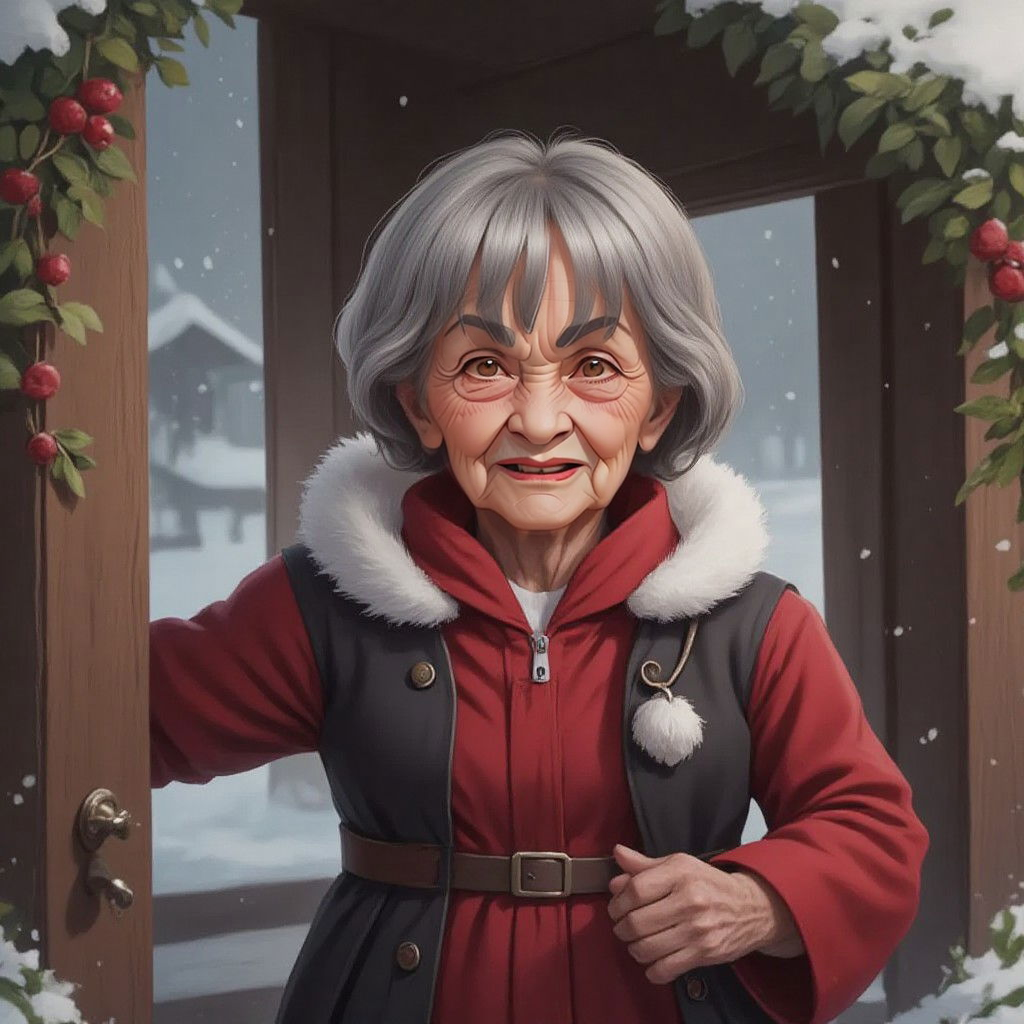 Santa's aunt with a stern expression standing at the doorstep of Santa's home, snow falling around