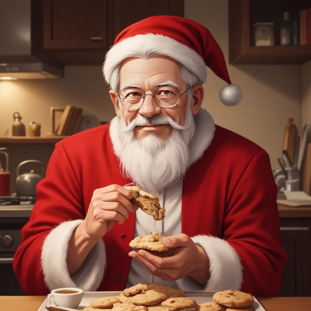 Santa Claus happily eating cookies in a warm kitchen, with a tray of freshly baked cookies in the background