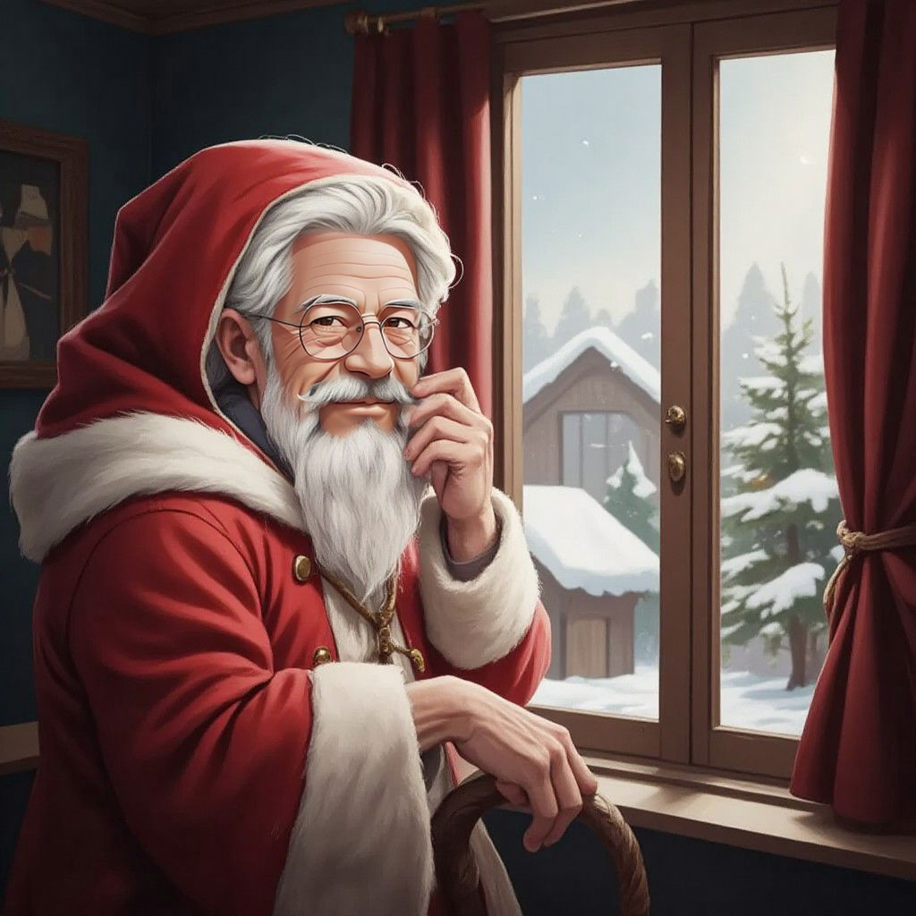 Santa Claus in a thoughtful pose, gazing out a window at a snowy landscape, with a nostalgic smile