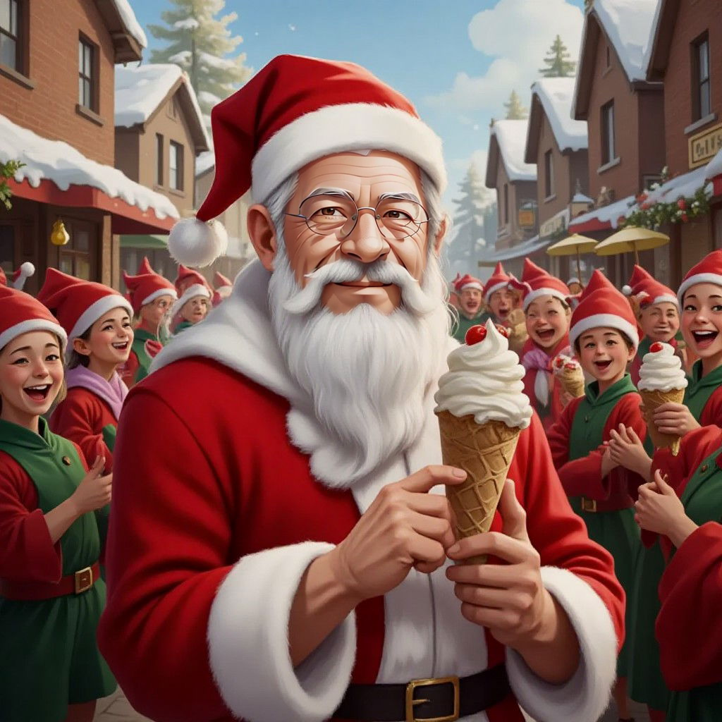 Santa Claus surrounded by cheering elves, all holding ice cream cones, in a festive North Pole street