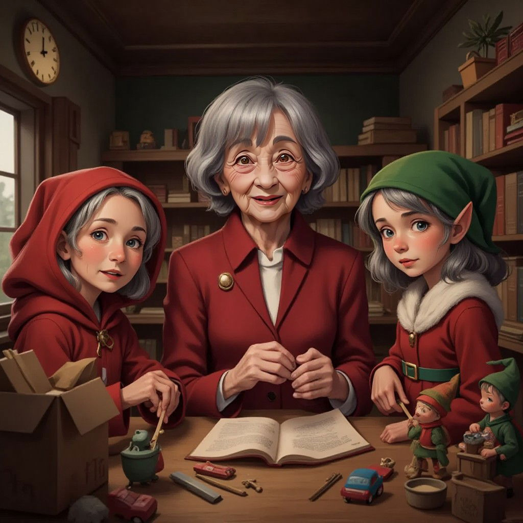 Santa's aunt with a surprised look, observing elves working in the workshop, toys and decorations around