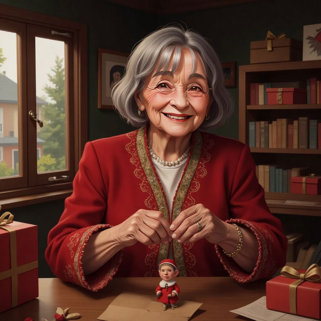 Santa's aunt happily wrapping presents with elves, a joyful atmosphere in the workshop