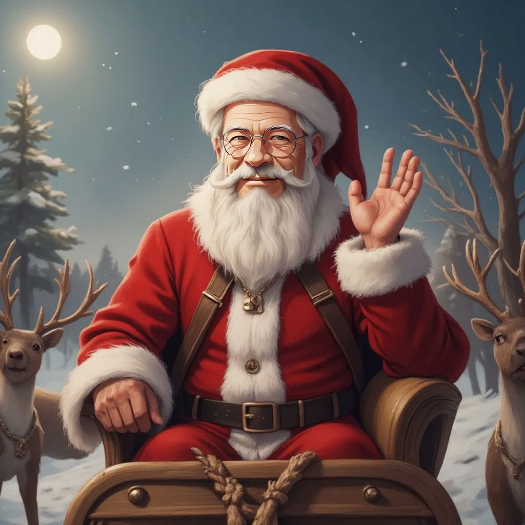 Santa Claus in his sleigh, ready for takeoff, waving goodbye with a joyful expression, reindeer in harness