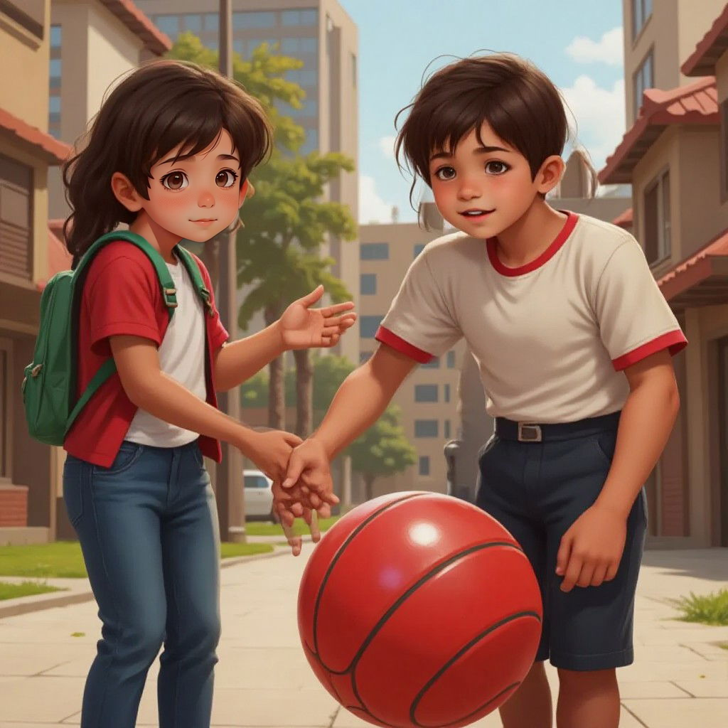 Charlie politely declining a shiny red ball offered by a friendly stranger, with his mom in the background