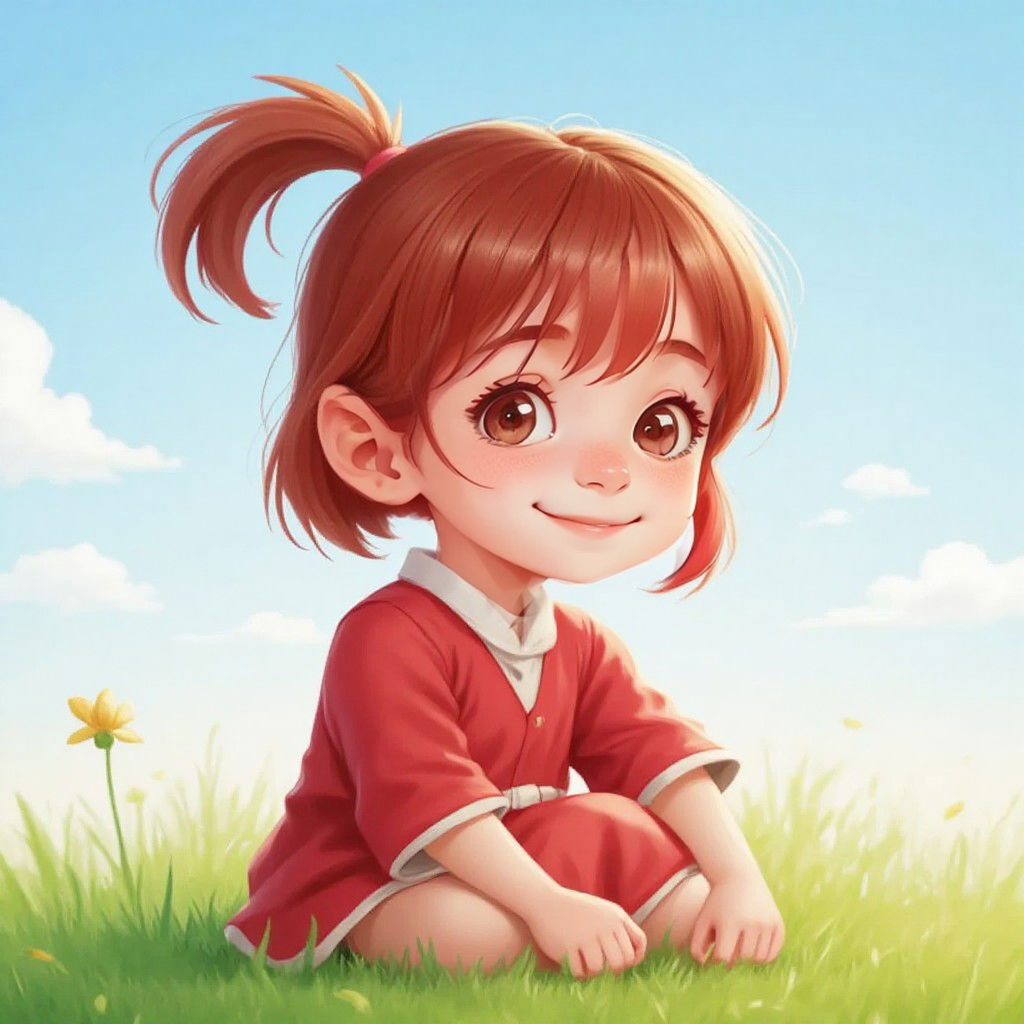 Ida sitting on grass, looking up at a bright blue sky with a dreamy expression on her face