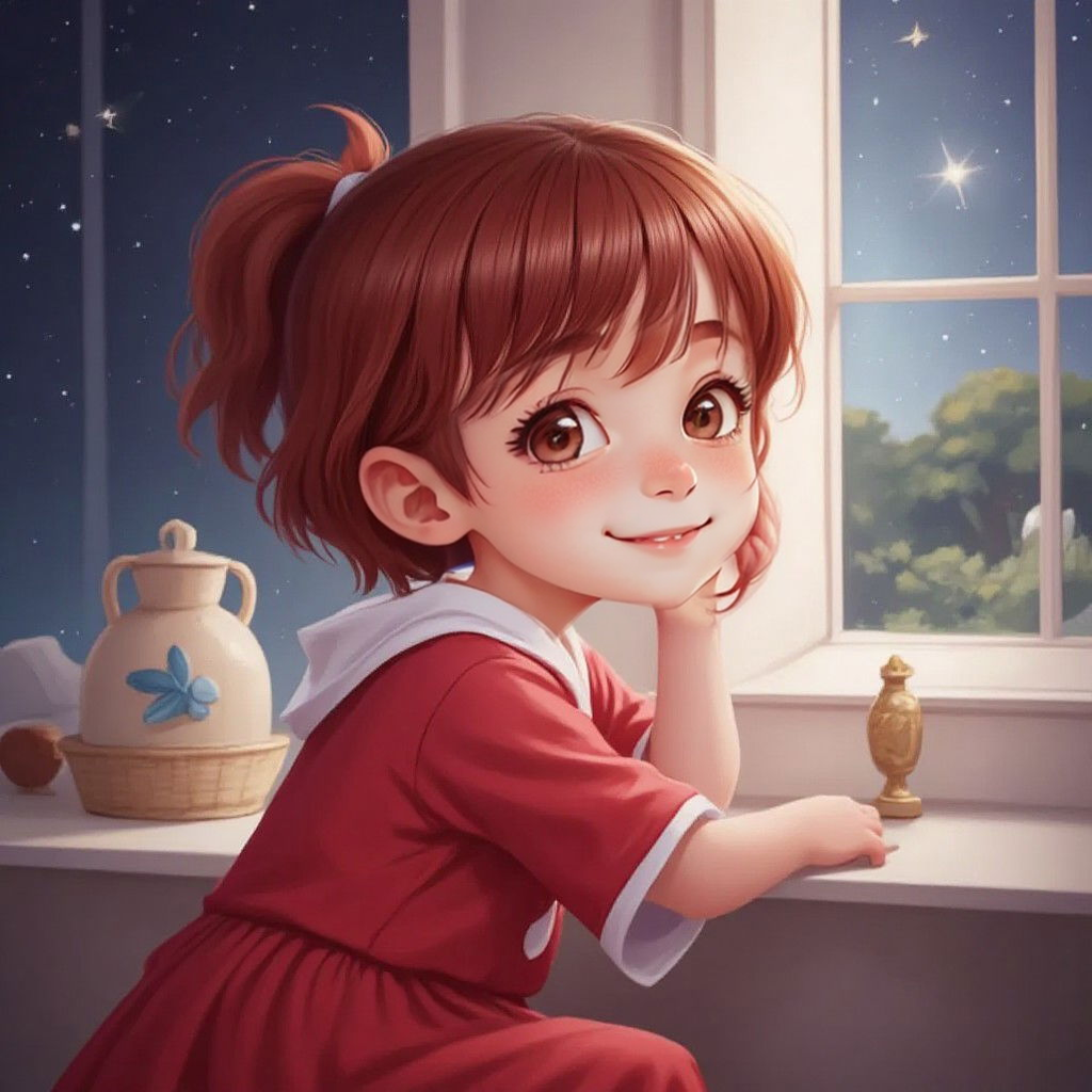 Ida in her pajamas, gazing out of a window at a starry night sky with wonder in her eyes