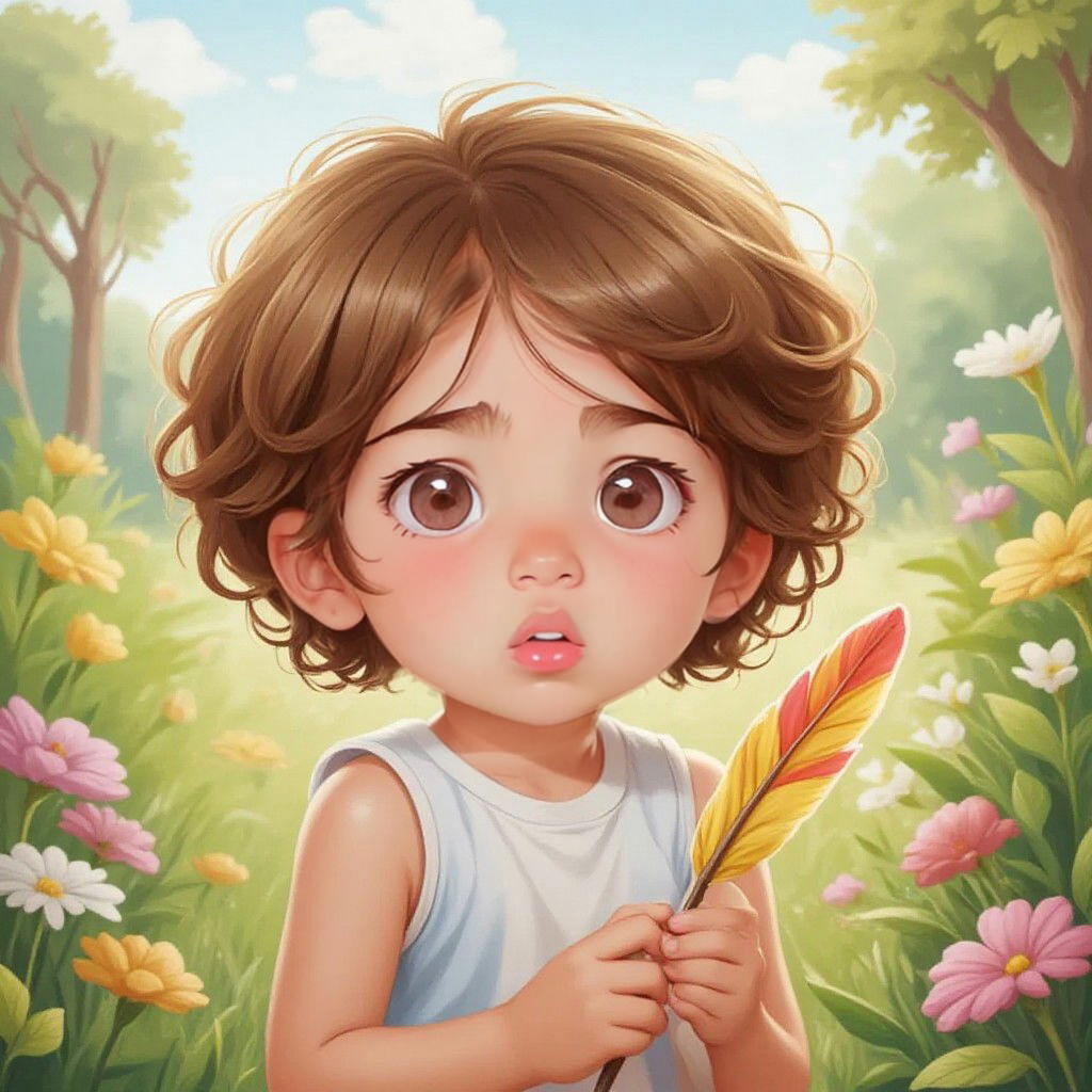 Leo holding a colorful feather in a vibrant garden, looking amazed