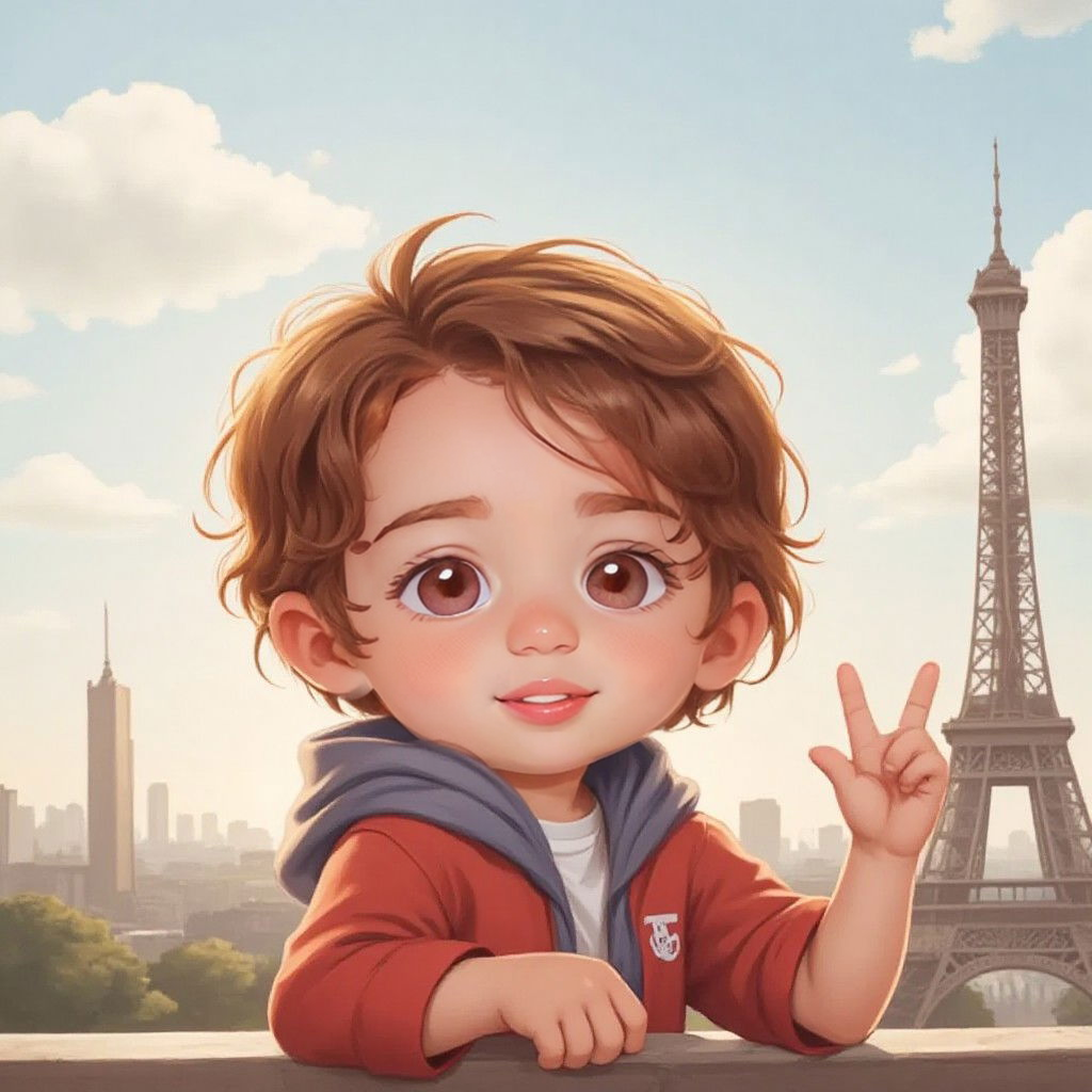 Sol excitedly pointing at the top of the Eiffel Tower with Paris skyline in the background