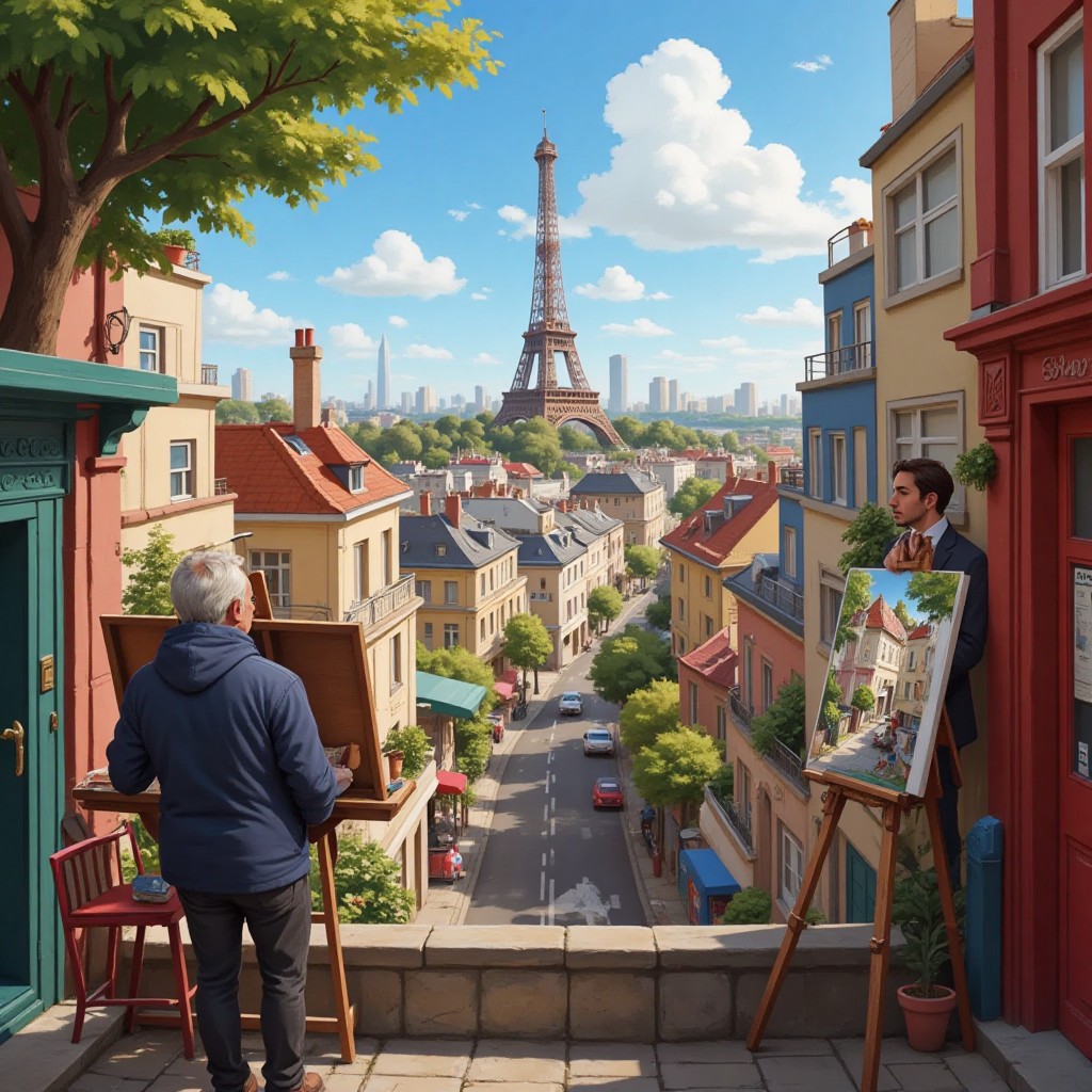 A kind artist in Montmartre painting a vibrant picture of Paris