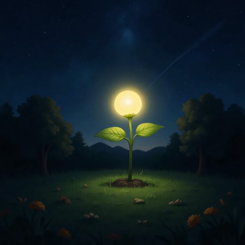 A single magical plant glowing softly against the night sky