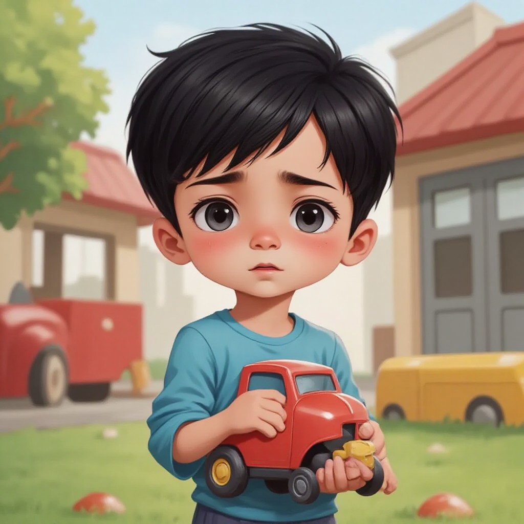 Siraj and little boy with a remorseful expression, holding a broken toy car with Ouwais near him,in a playground setting