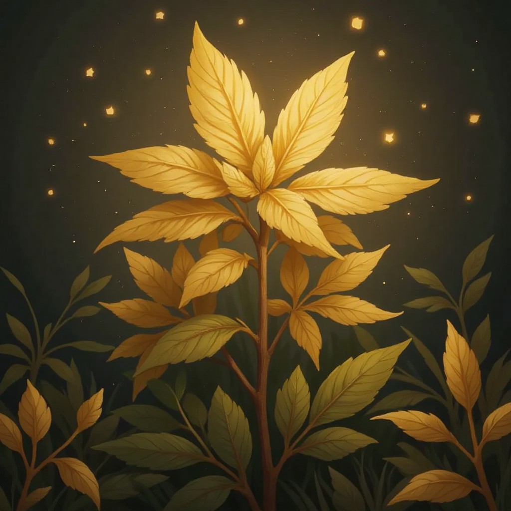 A magical plant with golden leaves shimmering in the wind