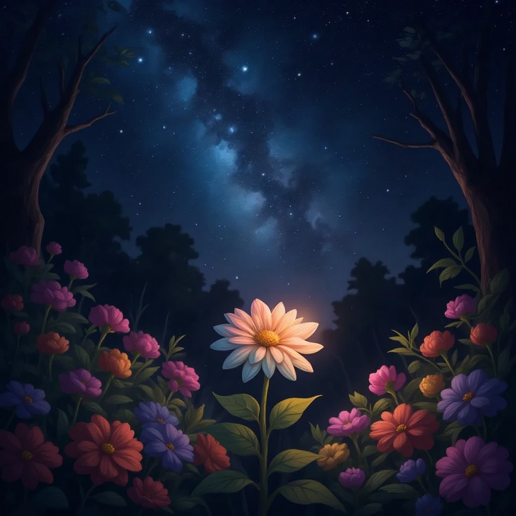 A colorful flower blooming under a starlit sky