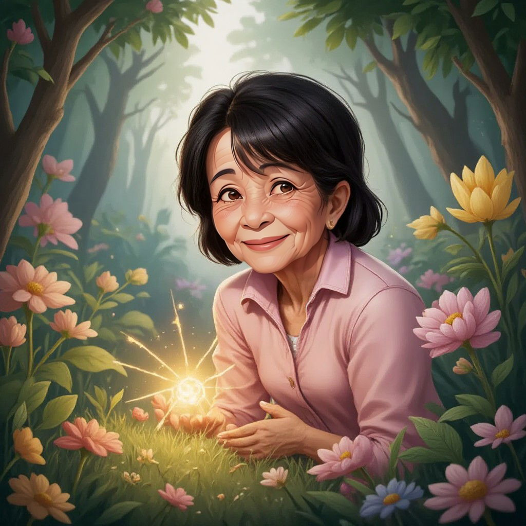 GRAND MA looking proudly at a magical garden filled with glowing plants