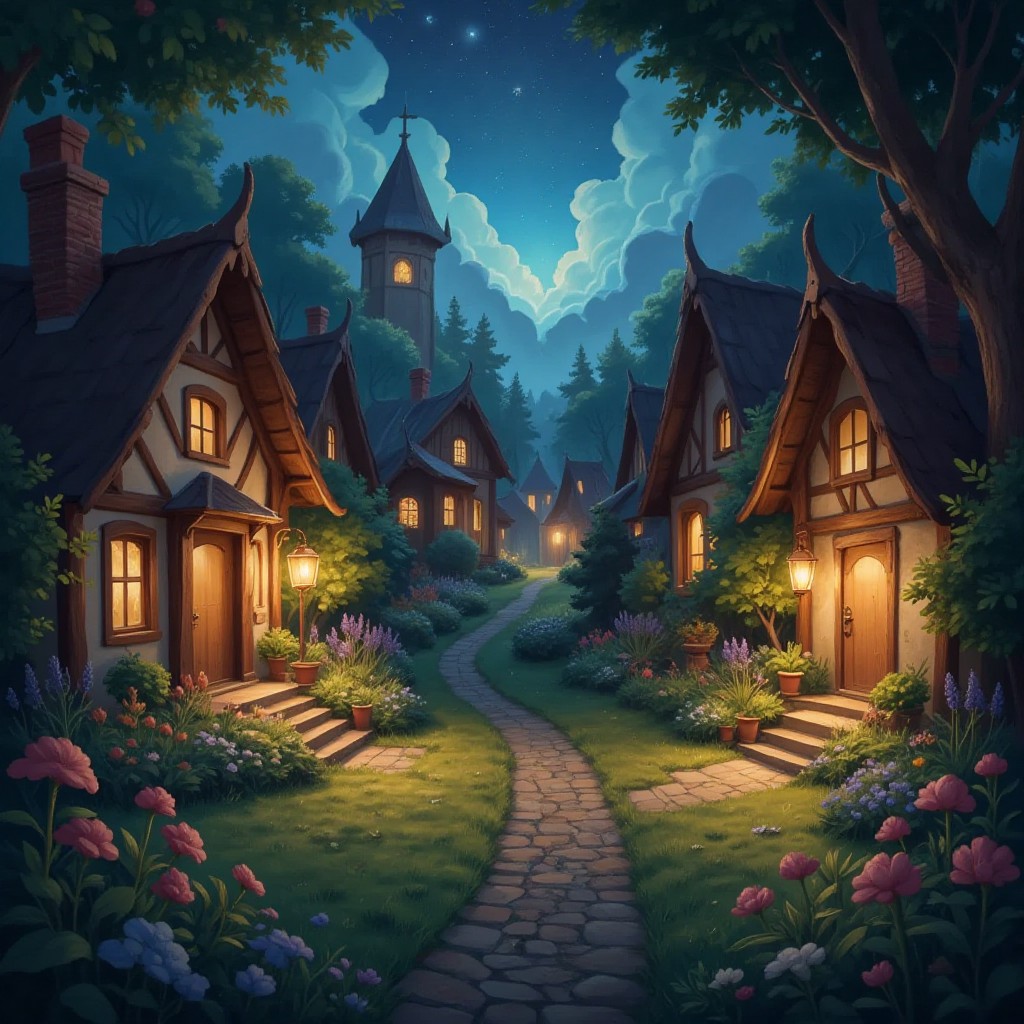 A village landscape filled with magical glowing gardens