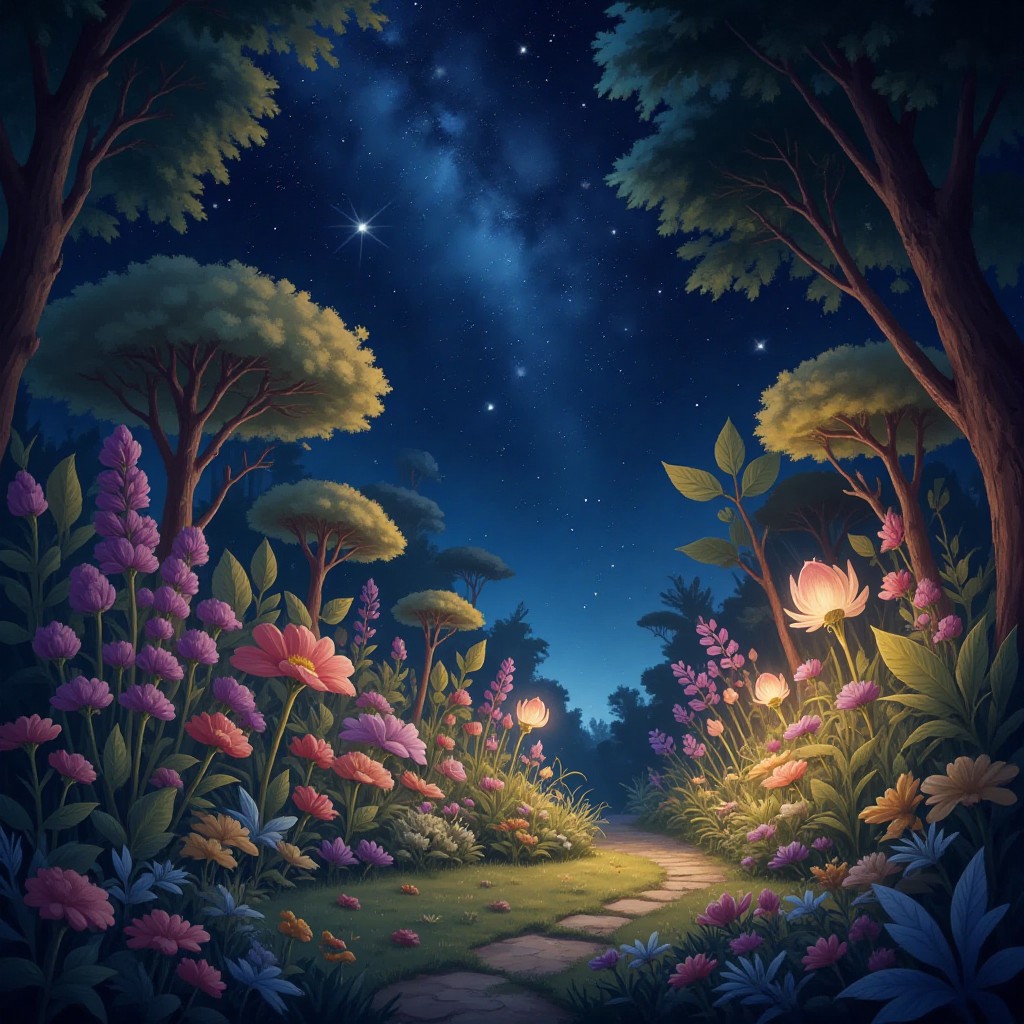 A magnificent garden full of magical, glowing plants under a starry sky