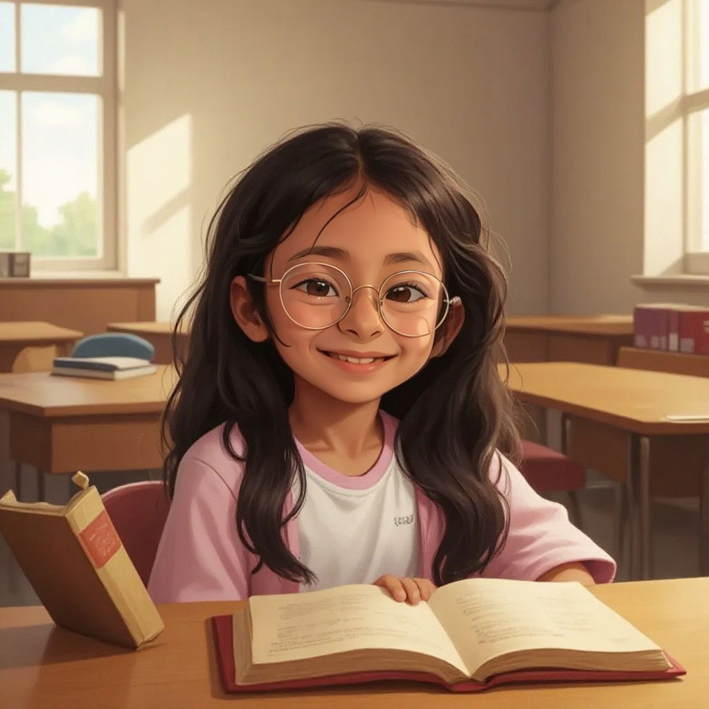 Fien sitting at a desk in a sunny classroom, looking curiously at an old book with a golden cover