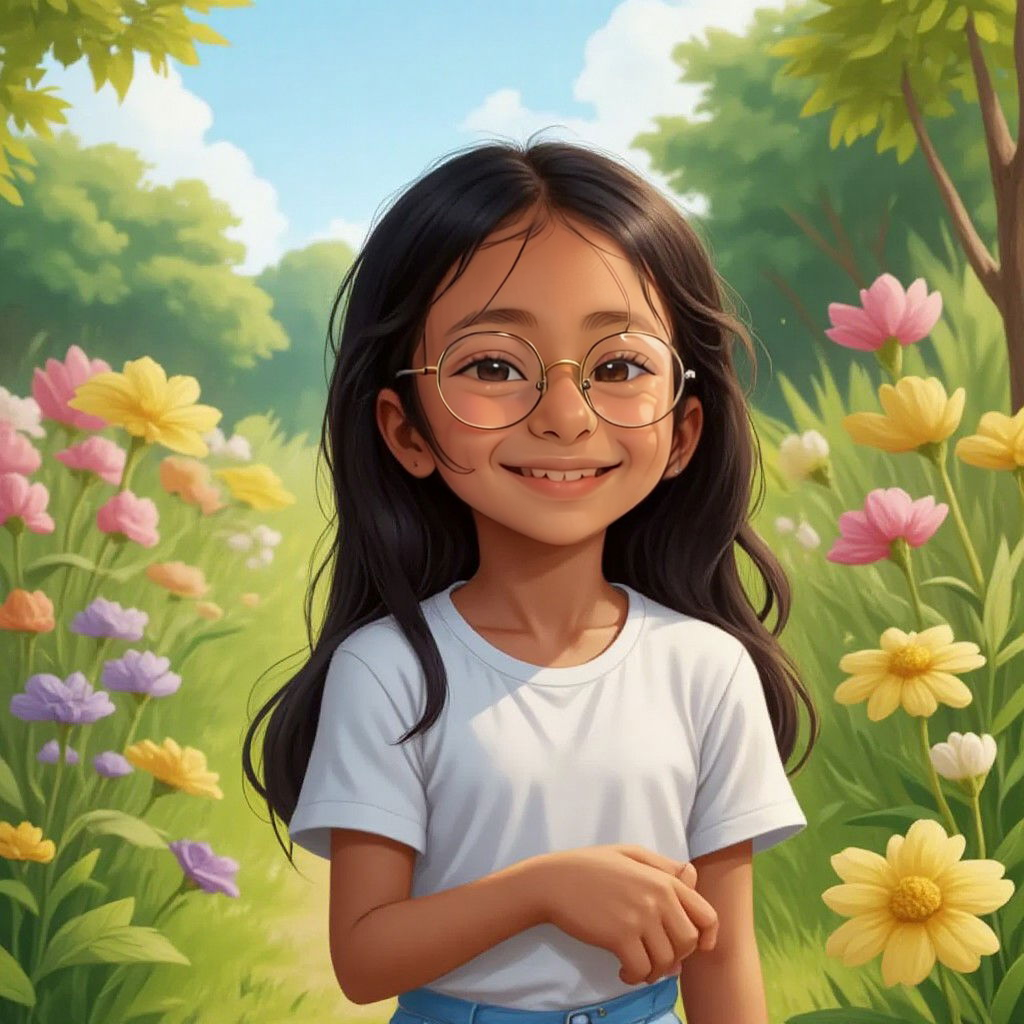 Fien standing in a beautiful garden, surrounded by blooming flowers, with a look of wonder on her face