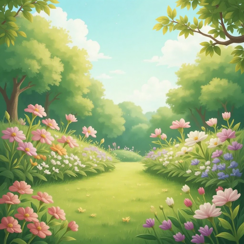 A serene garden with flowers and a gentle breeze, depicting a sense of peace and kindness