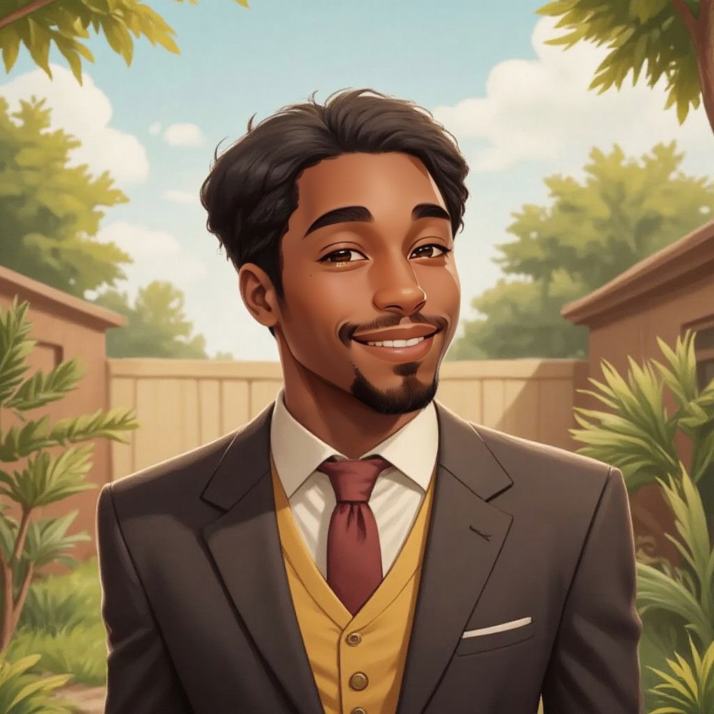 Papa standing in a sunny backyard with a big smile, conveying excitement