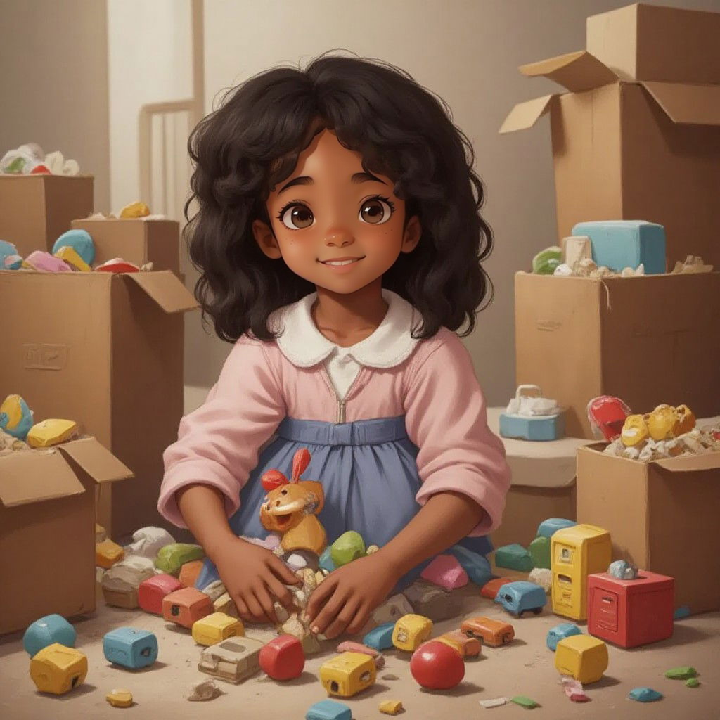 Louise sorting through a pile of toys, with boxes around her