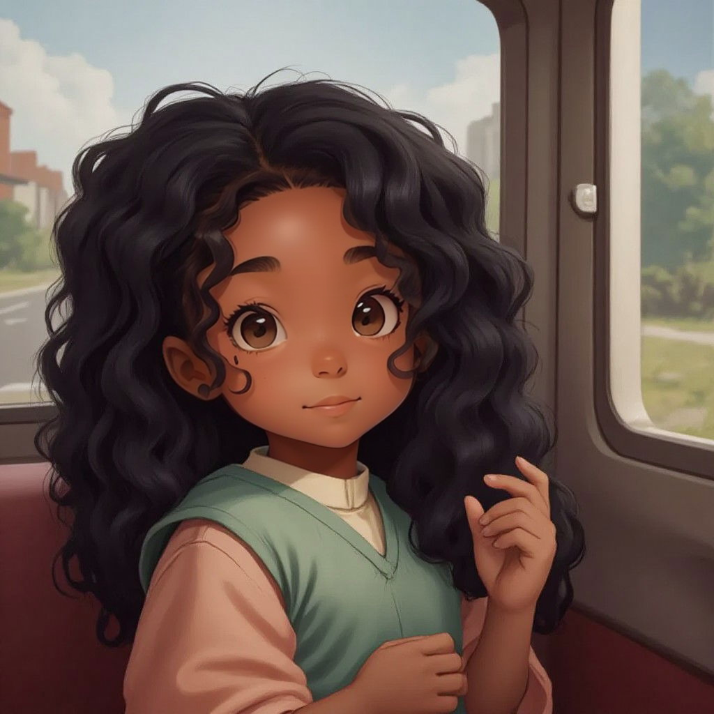 Hattie looking out of a car window at the changing scenery, with a thoughtful expression