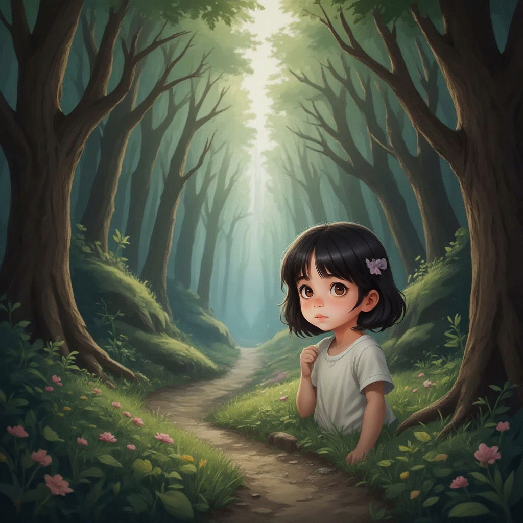 Barbara standing at the edge of a magical-looking path in the woods, looking curious