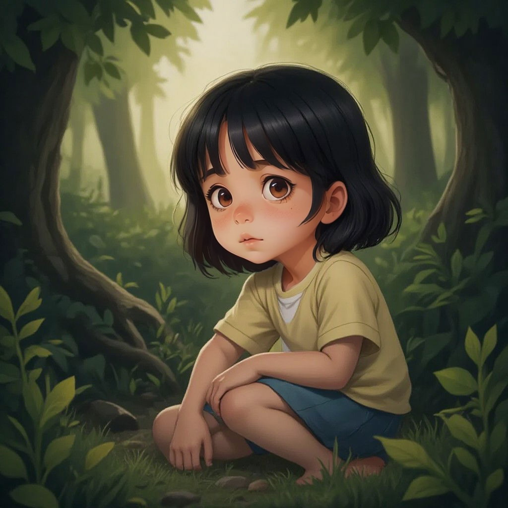 Barbara sitting on the ground in a dense forest, looking worried and lost