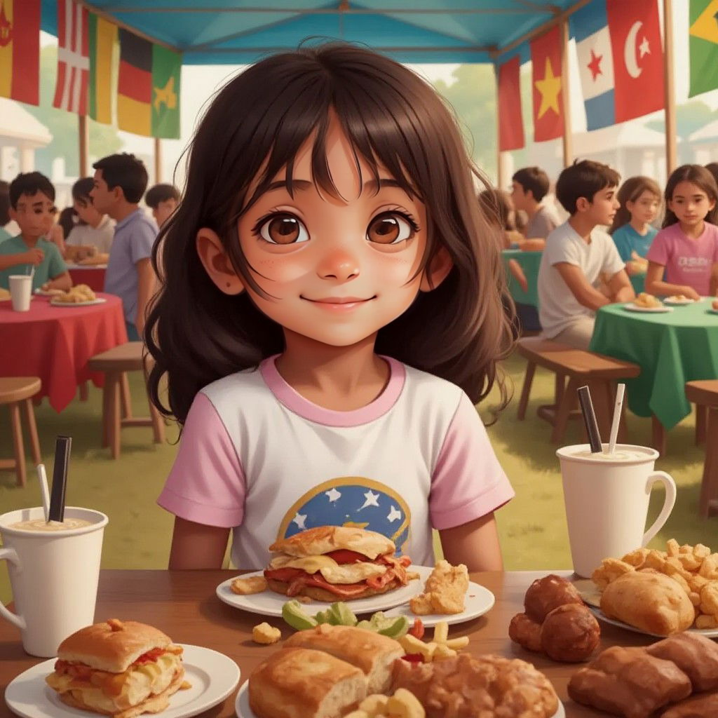 Amar at a multicultural fair with flags and foods from different countries