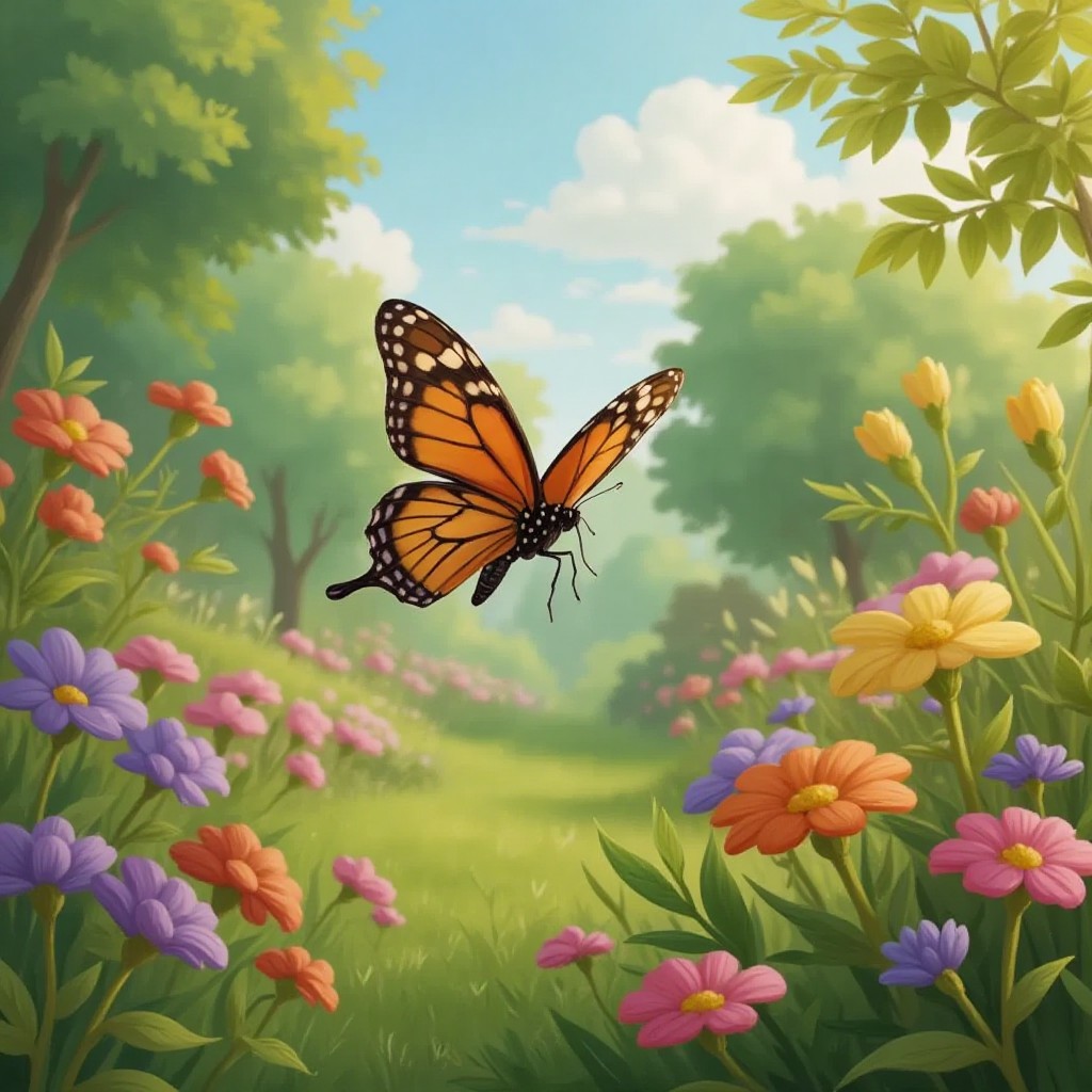 A butterfly fluttering above colorful flowers in a garden