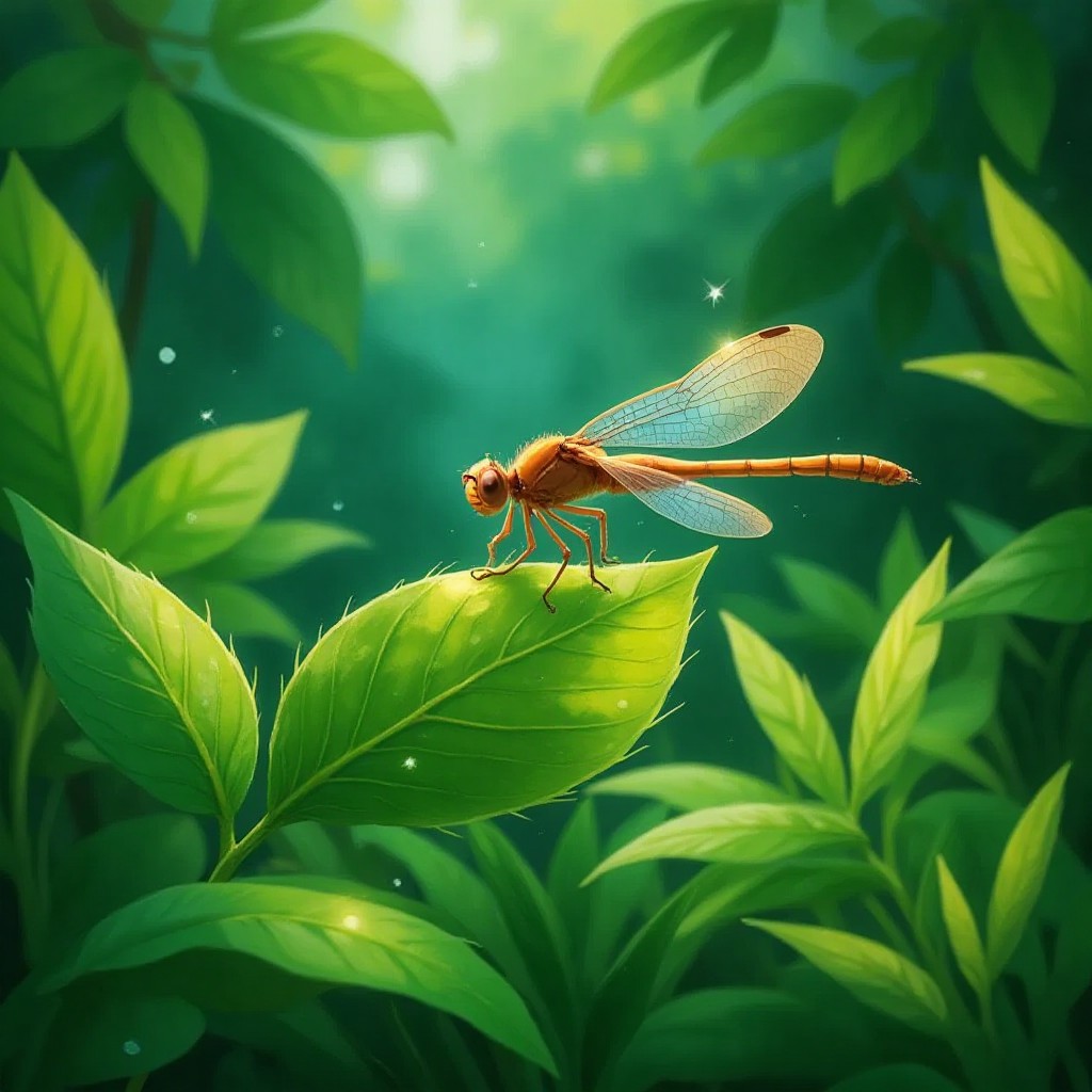 A shiny dragonfly resting on a leaf