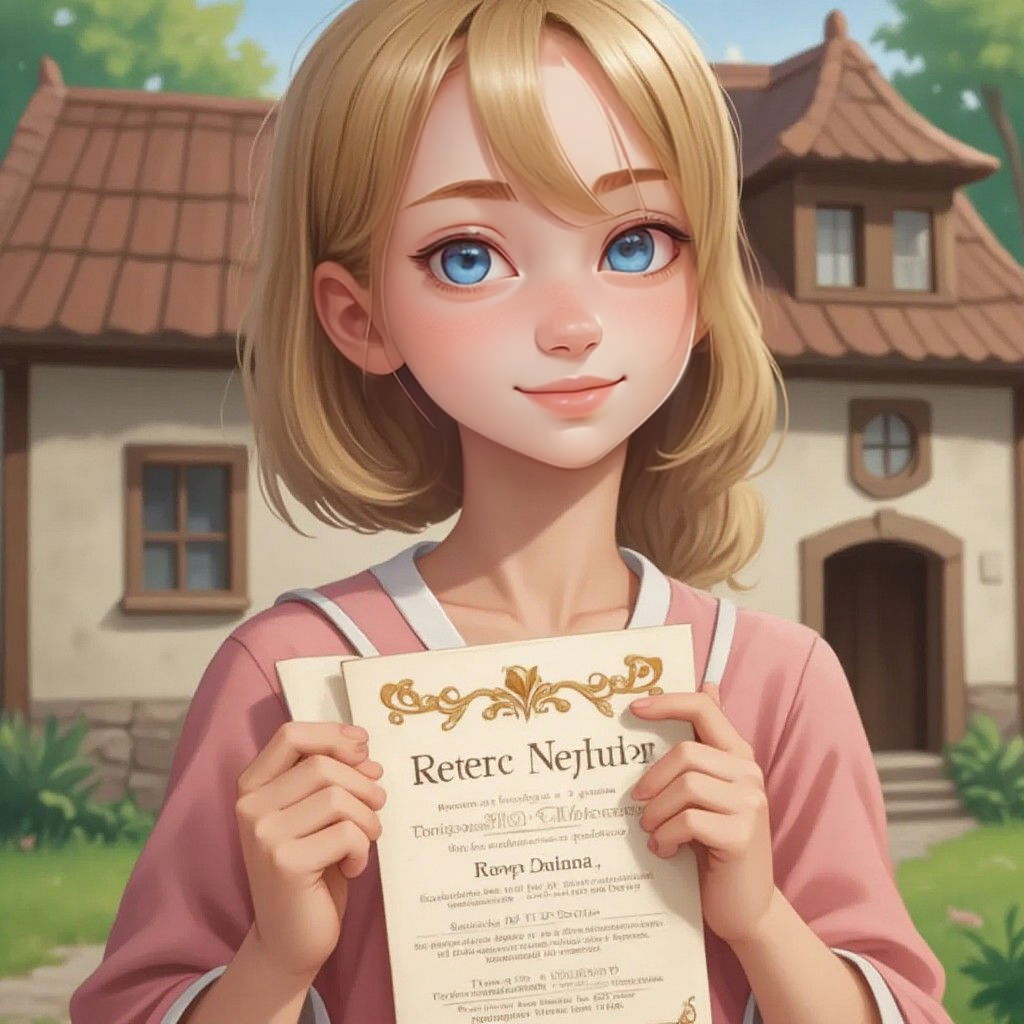 Cinderella holding a royal invitation with a hopeful smile, standing in front of a quaint cottage