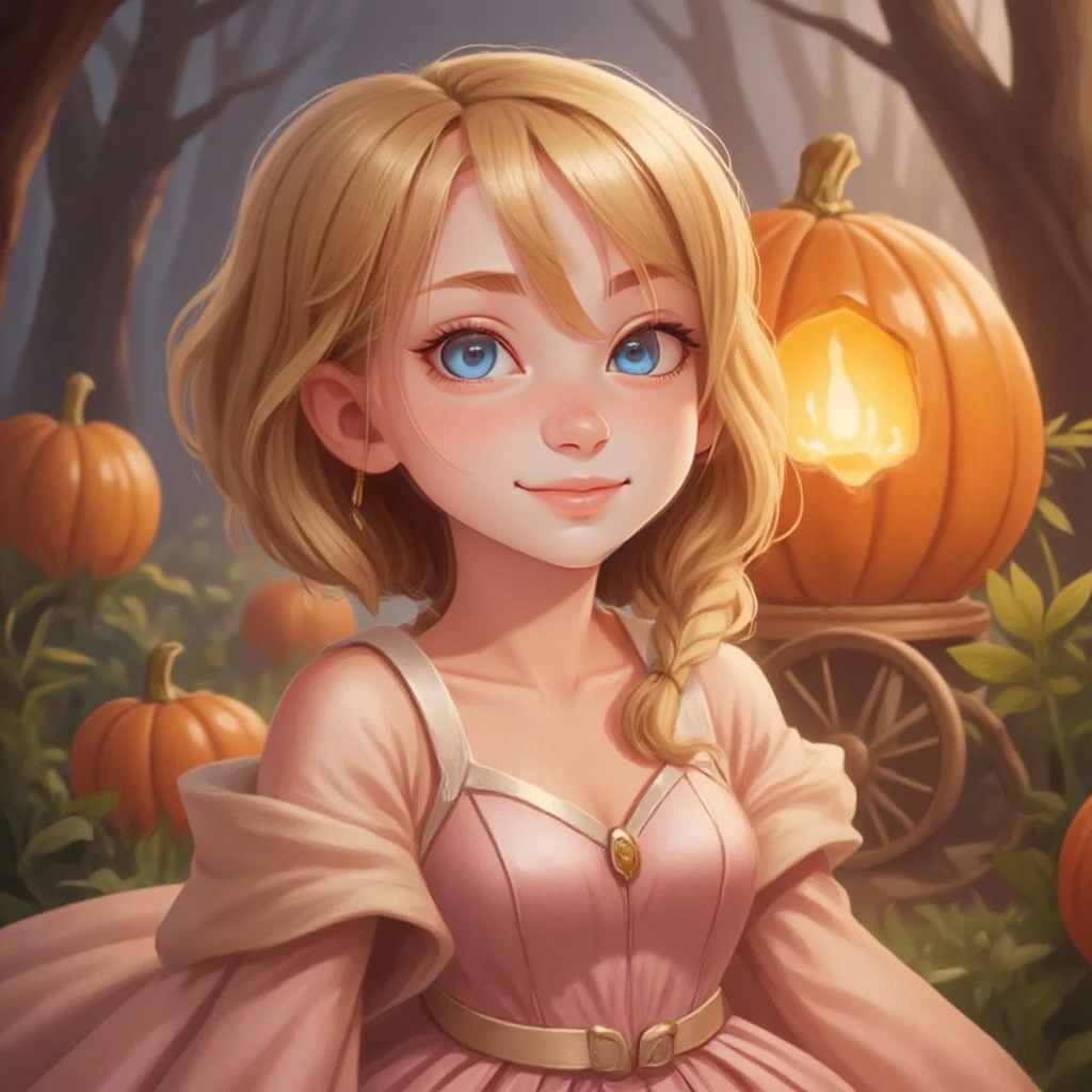 Cinderella in a beautiful gown, looking surprised and delighted, with a transformed pumpkin carriage in the background