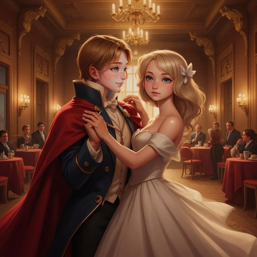 Cinderella dancing gracefully with the prince in a grand, opulent ballroom