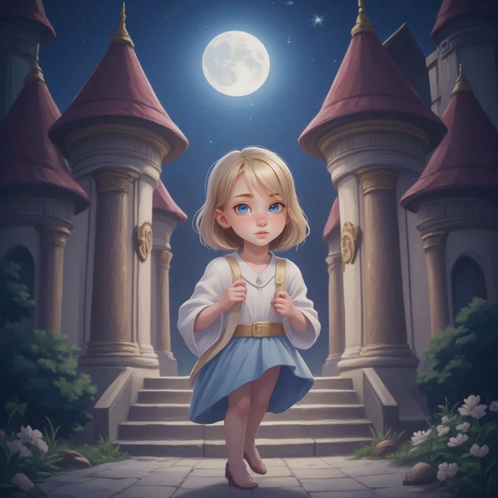 Cinderella rushing down the palace steps, leaving behind a glass slipper, with a moonlit night sky above